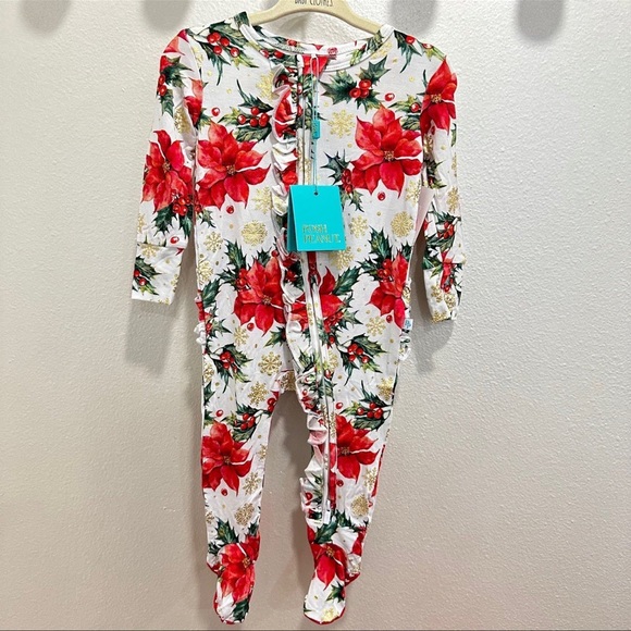 POSH PEANUT PP EMILIA CHRISTMAS XMAS HOLIDAY PAJAMA FOOTIE POINSETTIA BABY 6-9M - Picture 4 of 5